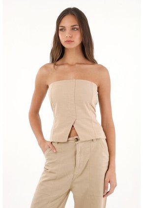Topmark Camisa Strapless Con Cortes Café Para Mujer