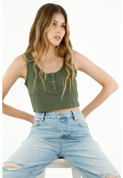 Camiseta De Mujer, Silueta Ajustada Crop, Perilla Corta De Broches, Cuello Redondo, Manga Sisa, En Rib. Color: Verde