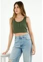 Camiseta De Mujer, Silueta Ajustada Crop, Perilla Corta De Broches, Cuello Redondo, Manga Sisa, En Rib. Color: Verde de topmark