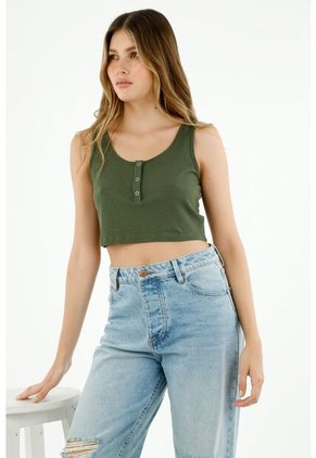 Camiseta De Mujer, Silueta Ajustada Crop, Perilla Corta De Broches, Cuello Redondo, Manga Sisa, En Rib. Color: Verde