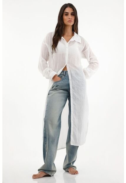 Kimono Blanco Manga Larga Con Aberturas Para Mujer