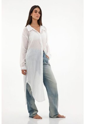 Kimono Blanco Manga Larga Con Aberturas Para Mujer