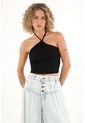 Topmark Camiseta Crop De Tiras Que Anudan En Cuello Negra Para Mujer de topmark
