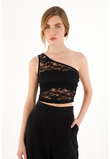Topmark Crop Top Negro Tejido De Un Solo Hombro Para Mujer