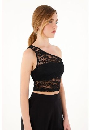 Topmark Crop Top Negro Tejido De Un Solo Hombro Para Mujer