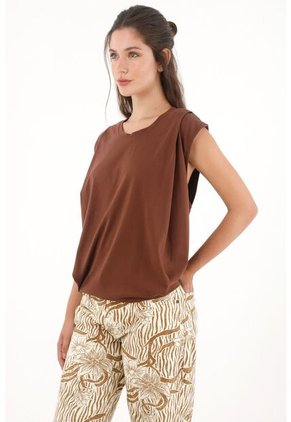 Camiseta Manga Sisa Con Prenses Café Para Mujer