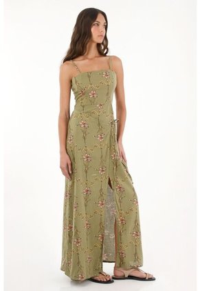 Vestido Largo Con Estampado De Flores Verde Para Mujer