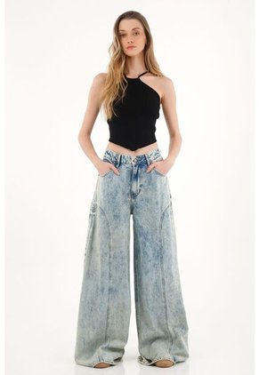 Topmark Jean Wide Leg Tiro Alto Azul Claro Para Mujer