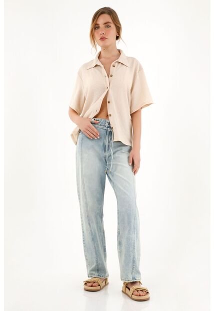 Camisa Manga Corta De Tela Con Textura Crudo Para Mujer