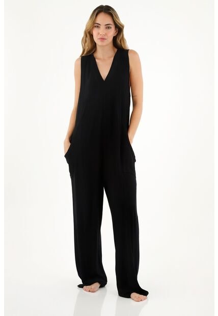 Enterizo Negro Con Cuello En V Para Mujer