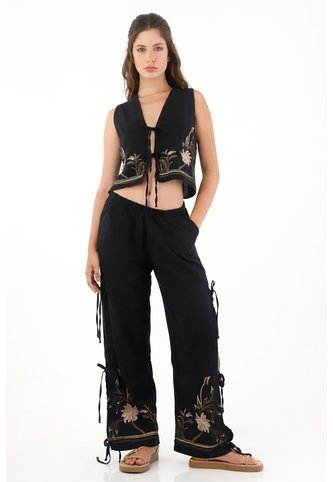 Topmark Pantalón Con Aberturas Y Diseño Floral Negro Para Mujer topmark