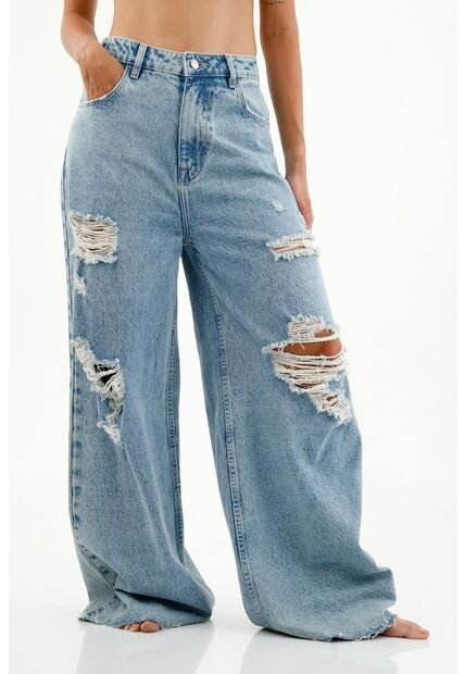 Jean Wide Leg Fit Con Ruedo Desflecado Azul Para Mujer