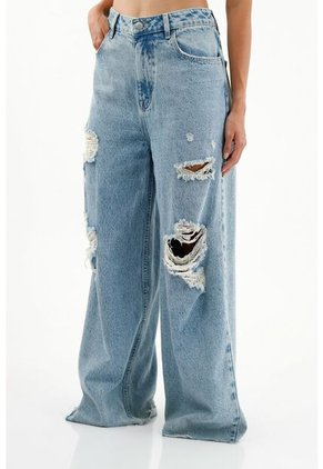 Jean Wide Leg Fit Con Ruedo Desflecado Azul Para Mujer