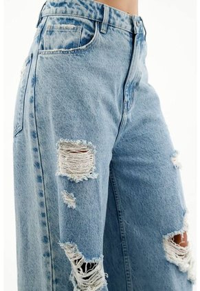 Jean Wide Leg Fit Con Ruedo Desflecado Azul Para Mujer