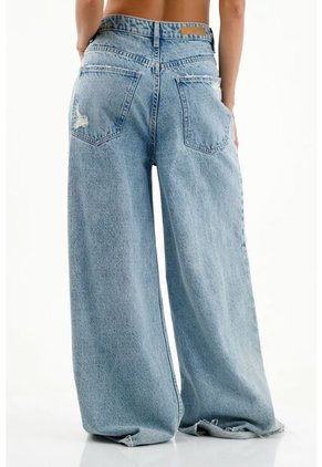 Jean Wide Leg Fit Con Ruedo Desflecado Azul Para Mujer