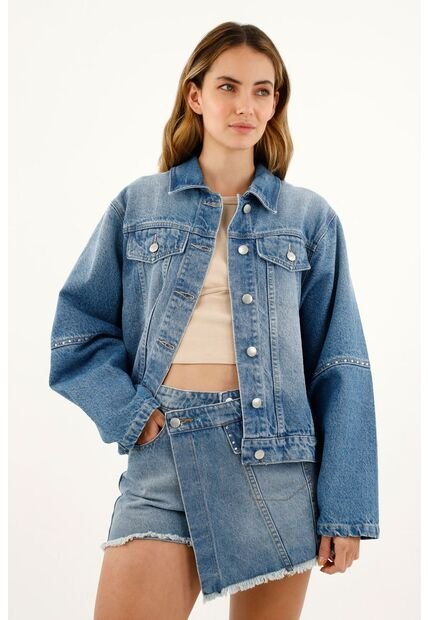 Chaqueta Azul Con Detalles De Piedras Para Mujer