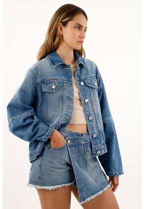 Chaqueta Azul Con Detalles De Piedras Para Mujer