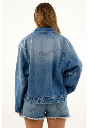 Chaqueta Azul Con Detalles De Piedras Para Mujer