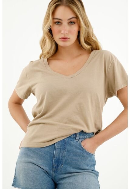 Camiseta Café Con Cuello En V Para Mujer