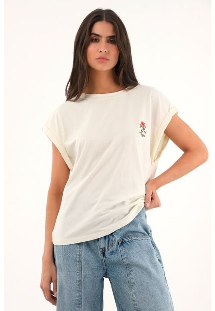 Camiseta Crudo Manga Sisa Crudo Con Bordado Para Mujer