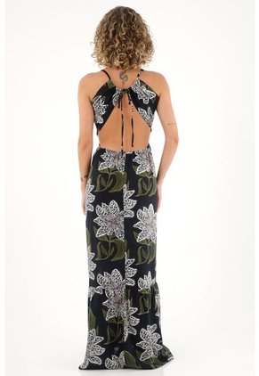 Topmark Vestido Largo Con Estampado Y Cut Out En Cintura Negro Para Mujer