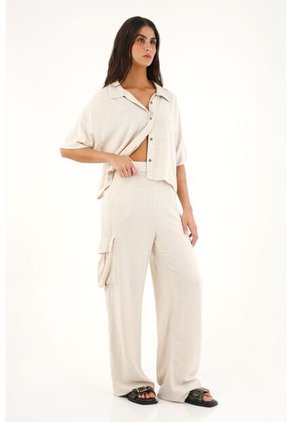 Pantalón Tiro Alto Con Bolsillos En Costados Crudo Para Mujer