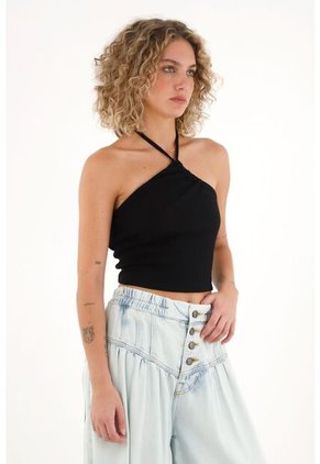 Topmark Camiseta Crop De Tiras Que Anudan En Cuello Negra Para Mujer