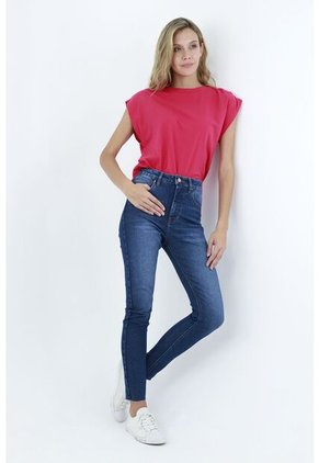 Jean Tiro Alto Azul Para Mujer