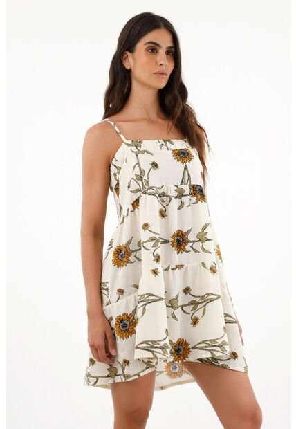 Vestido Crudo Corto Con Estampado De Girasoles Para Mujer