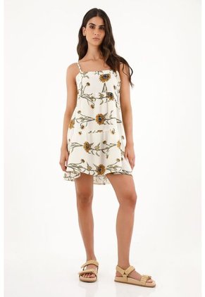 Vestido Crudo Corto Con Estampado De Girasoles Para Mujer