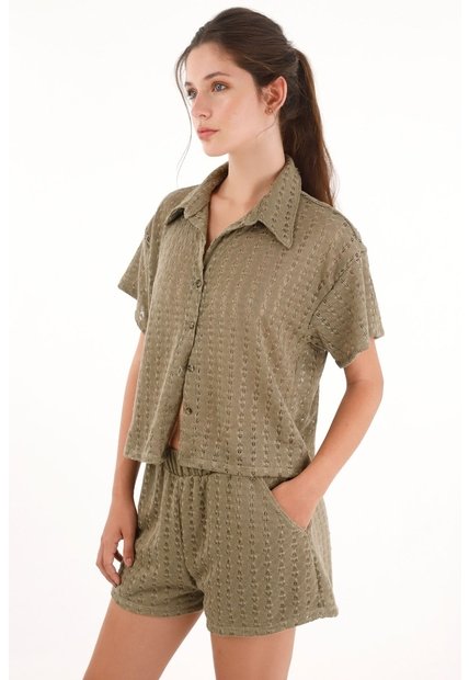 Topmark Camisa Tejida Manga Corta Verde Para Mujer
