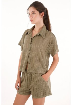 Topmark Camisa Tejida Manga Corta Verde Para Mujer