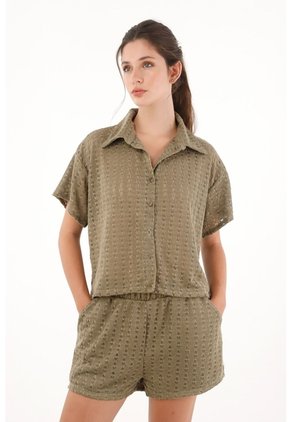 Topmark Camisa Tejida Manga Corta Verde Para Mujer
