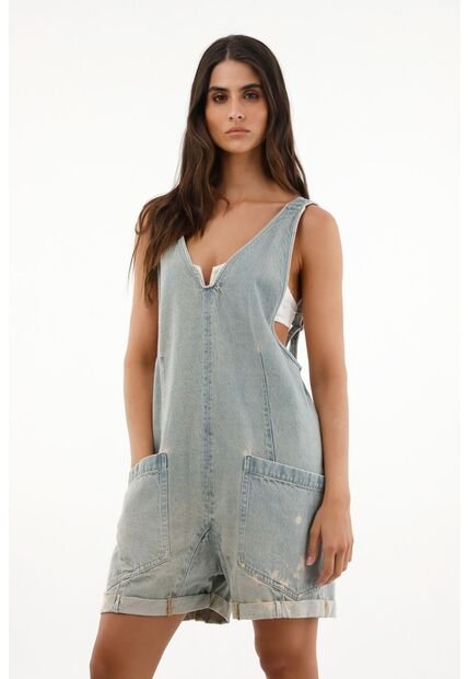 Enterizo Corto En Denim Con Efecto Desgaste Para Mujer