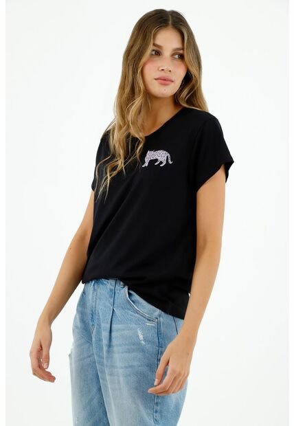 Camiseta De Mujer, Silueta Clásica, Cuello Redondo, Manga Corta, Con Leopardo Bordado