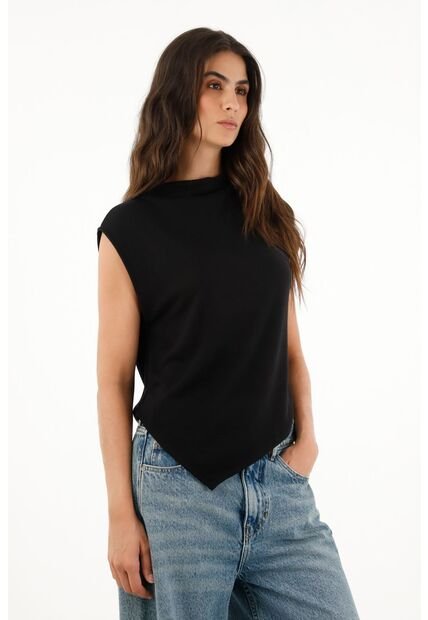 Camiseta Con Ruedo Asimétrico Negra Para Mujer