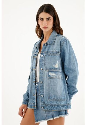 Chaqueta Con Bolsillos De Parche Azul Para Mujer