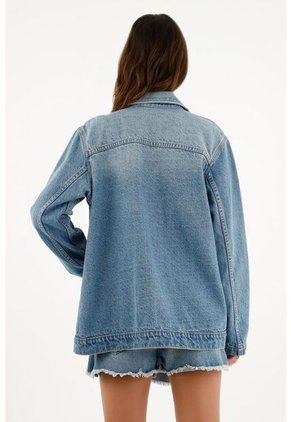 Chaqueta Con Bolsillos De Parche Azul Para Mujer