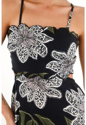 Topmark Vestido Largo Con Estampado Y Cut Out En Cintura Negro Para Mujer