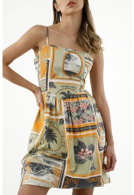 Vestido Floral Acampanado Para Mujer - Janasya, Georgette De Poliéster Verde, Manga Abombada 3/4