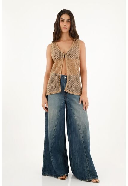 Chaleco Café Tejido Con Abertura Para Mujer