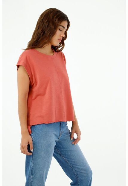 Camiseta De Mujer, Silueta Amplia Cuello Redondo Manga Corta, Color Salmón