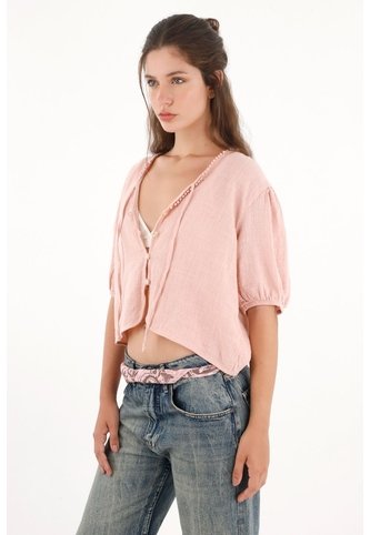 Camisa Manga Corta Con Bolillo Rosada Para Mujer topmark