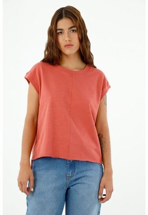 Camiseta De Mujer, Silueta Amplia Cuello Redondo Manga Corta, Color Salmón