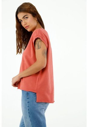 Camiseta De Mujer, Silueta Amplia Cuello Redondo Manga Corta, Color Salmón