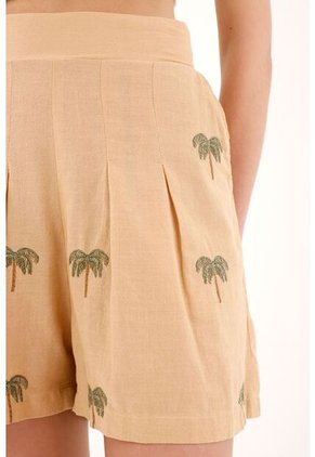 Bermuda Café Con Palmeras Bordadas Para Mujer