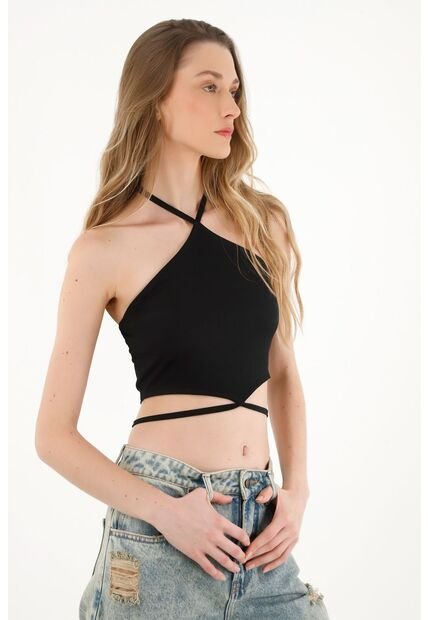 Topmark Camiseta Negra Crop Con Ajuste De Tiras Para Mujer