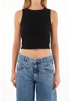 Topmark Camiseta Manga Sisa Tejida Negra Para Mujer