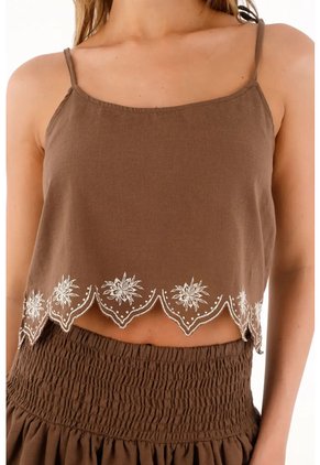Topmark Camisa Crop Con Detalles Estampados Café Para Mujer