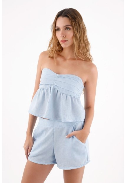 Topmark Bermuda Para Mujer En Poliéster Celeste Fit Relajado Con Bajo Redondeado